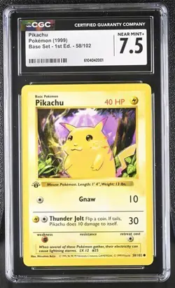Pikachu (58/102) 1st Edition Base Set 1999 Pokemon CGC 7.5 Near Mint+ - Image 1