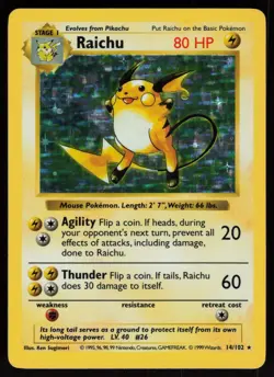 Raichu 14/102 Shadowless Holo Rare Base Set Pokemon - Image 1