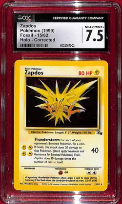 CGC 7.5 1999 Pokemon Fossil Zapdos #15 Corrected Foil - Image 1