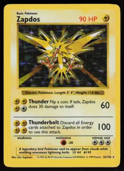 Zapdos 16/102 Shadowless Holo Rare Base Set Pokemon - Image 1