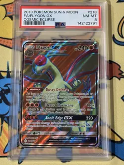 2019 POKEMON SUN & MOON COSMIC ECLIPSE 218 FULL ART/FLYGON GX PSA 8 Graded Card - Image 1
