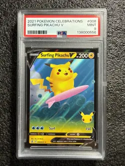 2021 Pokemon Celebrations #008 Surfing Pikachu V PSA 9 - Image 1