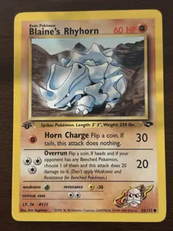 Pokemon TCG Blaine's Rhyhorn Gym Challenge 1st Edition Common 60 HP 65/132 - Image 1