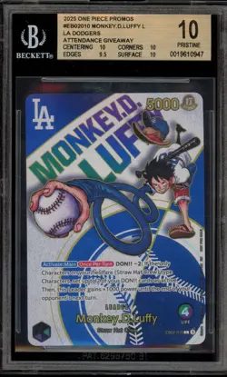 One Piece CCG Monkey.D.Luffy Dodgers X One Night Promo EB02-010 BGS 10 Pristine - Image 1