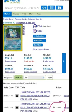 Blastoise Graded 10 Gem Mint PGC Pokemon 1999 rare holographic old vintage card - Image 2