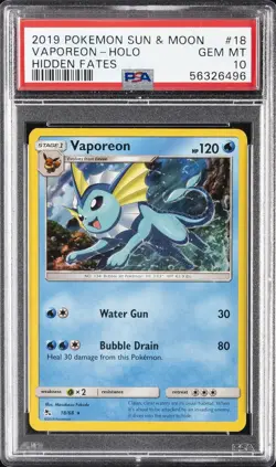 2019 POKEMON SUN & MOON HIDDEN FATES #18 VAPOREON-HOLO PSA 10 - Image 1