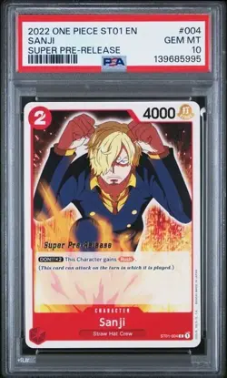 2022 ONE PIECE SUPER PRE RELEASE ST01-004 SANJI PSA 10 GEM MINT - Image 1