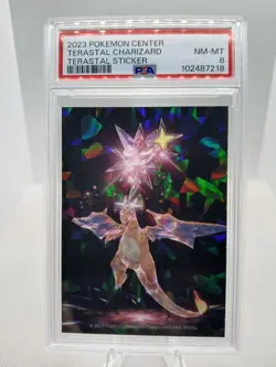 2023 POKEMON CENTER TERASTAL STICKER CHARIZARD PSA 8 HOLO PRISM NINTENDO - Image 1