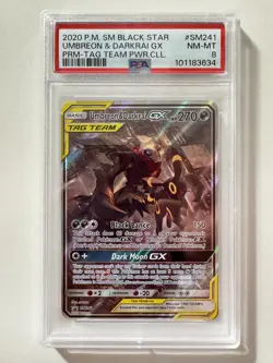 PSA 8 Umbreon & Darkrai GX SM241 Tag Team Pokemon 2020 Black Star Promo - Image 1