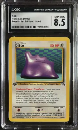 CGC 8.5 Ditto 3/62 Holo 1st Edition Fossil Pokemon Card - Image 1