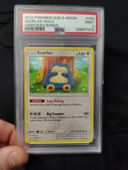Pokemon 2019 Sun & Moon Unbroken Bonds Snorlax Holo Rare #158/214 PSA 9 Mint - Image 1