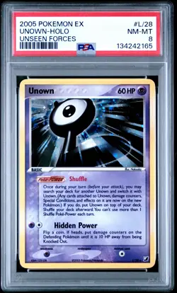 2005 POKEMON EX UNSEEN FORCES #L/28 UNOWN-HOLO PSA 8 - Image 1