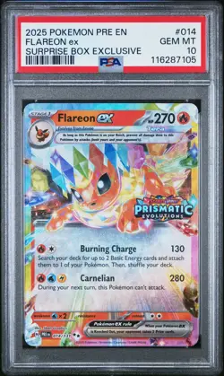 2025 Pokemon Prismatic Evolutions Flareon EX #014 Surprise Box Stamped PSA 10 - Image 1