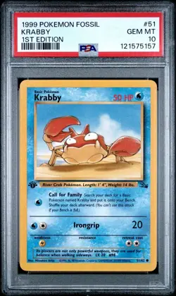 1999 Pokemon 1st Edition Fossil # 51 Krabby PSA 10 Card GEM MINT! Trusted Seller - Image 1