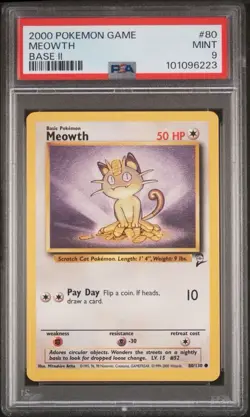 2000 Pokemon Base 2 # 80 Meowth PSA 9 Card MINT! Trusted Seller! Free Shipping! - Image 1