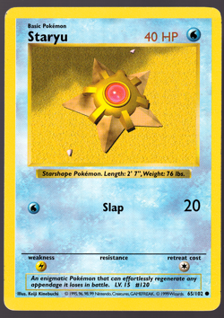 Staryu 65/102 Shadowless Base Set Pokemon Card 1999 MP - Image 1