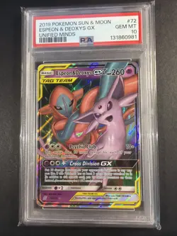 2019 Pokemon Espeon & Deoxys GX Sun Moon Unified Minds Tag Team 72/236 PSA 10 - Image 1