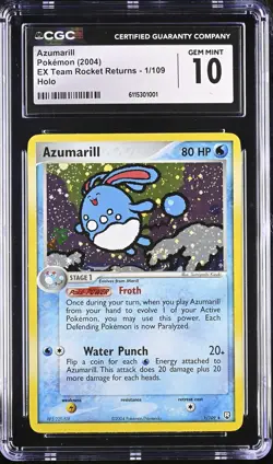 CGC 10 GEM MINT Azumarill 2004 EX Team Rocket Returns 1/109 Holo Pokemon Card - Image 1