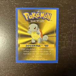 Squirtle #7, 1999 Pokemon Game Tip Card, Nintendo & Kellogg Canada - MP/HP - Image 1