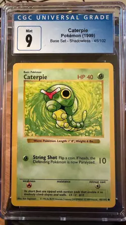 Caterpie 045/102 Base Set (Shadowless) Regular WOTC Vintage Pokemon CGC 9 Mint - Image 1