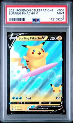 2021 Pokemon Celebrations #008 Surfing Pikachu V PSA 9 Card MINT Trusted Seller! - Image 1
