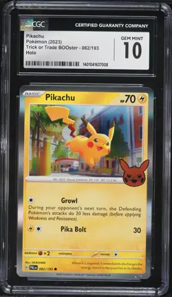 ⚡⚡ CGC 10 Gem Mint Pikachu 062/193 Trick or Trade BOOster Pokemon Card holo - Image 1