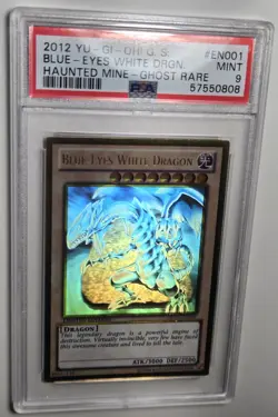 2012 YU-GI-OH! HAUNTED MINE Blue Eyes White Dragon GLD5-EN001 Ghost Rare PSA 9 - Image 2