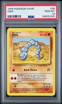 1999 POKEMON BASE SET UNLIMITED #56 ONIX PSA 10 GEM MINT - Image 1