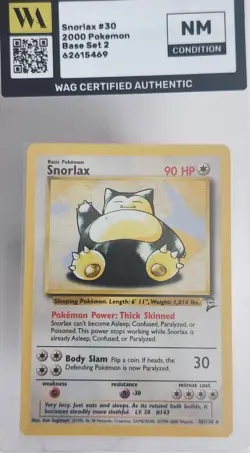 WAG Certified NM Pokemon TCG Snorlax Card 30/130 Base Set 2 Vintage Non-Holo - Image 1