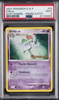 2007 POKEMON DIAMOND & PEARL SECRET WONDERS PRERELEASE-STAFF #53 KIRLIA PSA 9 - Image 1