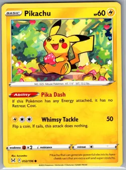Pikachu 052/196 Non Holo SWSH11: Lost Origin - Pokemon Card - NM - Image 1