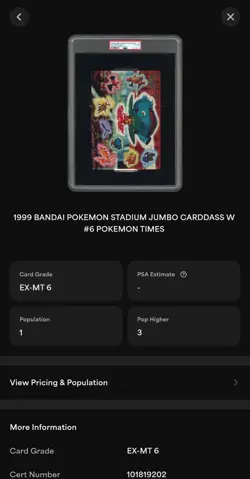 PSA 6 1999 Bandai Pokemon Stadium Times Jumbo Cardass W Venusaur - Image 3