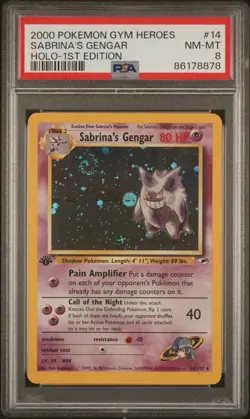 2000 Pokemon Gym Heroes Sabrina’s Gengar 1st Edition Holo #14 PSA 8 Swirl - Image 1