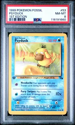 1999 POKEMON FOSSIL 1ST ED #53 PSYDUCK PSA 8 - Image 1