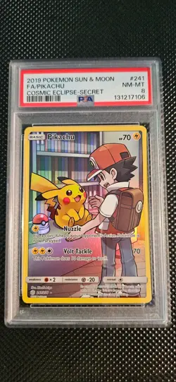 2019 POKEMON SUN & MOON COSMIC ECLIPSE SECRET #241 FULL ART/PIKACHU PSA 8 - Image 1