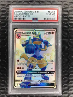 2019 Pokemon Sun & Moon Hidden Fates Lucario GX Full Art FA #SV64 PSA 10 - Image 1