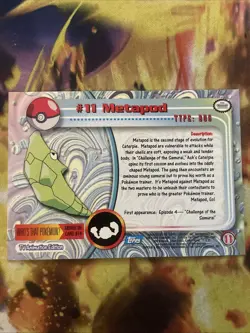 Metapod #11 Topps TV Animation Edition Pokemon Card Blue Logo Label - Image 2