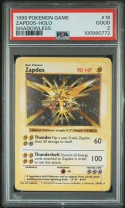 PSA 2 Shadowless Zapdos Base Set 16/102 Holo Foil Rare 1999 Pokemon WoTC Good - Image 1