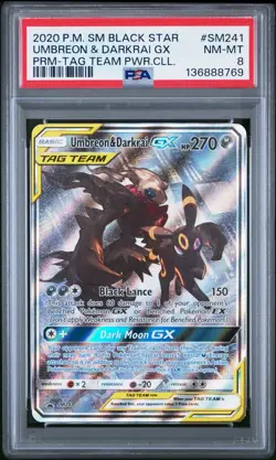 2020 POKEMON SM BLACK STAR PROMO TAG TEAM POWERS COLL UMBREON & DARKRAI GX PSA 8 - Image 1