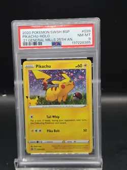 2020 POKEMON SWSH BSP PIKACHU HOLO '21 GENERAL MILLS 25TH ANNIVERSARY #039 PSA 8 - Image 1