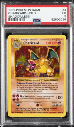 1999 POKEMON GAME SHADOWLESS #4 CHARIZARD-HOLO PSA 5 - Image 1