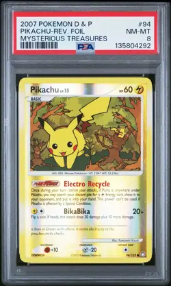 2007 POKEMON DIAMOND & PEARL MYSTERIOUS TREASURES #94 PIKACHU-REVERSE FOIL PSA 8 - Image 1