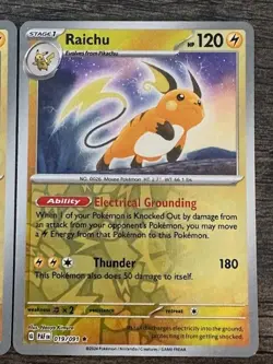 POKEMON 2 REV HOLO RAICHU 019/091 RARE + PIKACHU 018/091 2024 PALDEAN FATES NM - Image 2