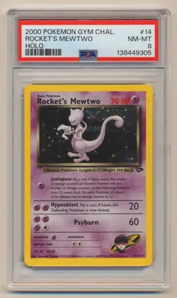PSA 8 Pokemon Gym Challenge Unlimited Holo SWIRL Rocket's Mewtwo 14/132 NM/MINT! - Image 1