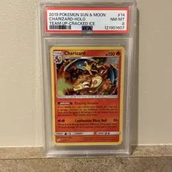 Pokemon 2019 Sun & Moon Team Up Cracked Ice #14 Charizard-Holo PSA 8 - Image 1