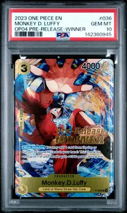 Monkey D. Luffy Winner P-036 OP04 Pre-Release Promo One Piece Card PSA 10 - Image 1