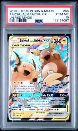 2019 POKEMON SUN & MOON UNIFIED MINDS #54 RAICHU & ALOLAN RAICHU GX PSA 10 - Image 1