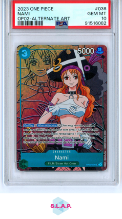 NAMI PIRATE ALTERNATE ART ONE PIECE OP02-036 2023 PARAMOUNT WAR FOIL EN PSA 10 - Image 1