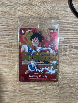 2022 One Piece Super Pre-Release Monkey D Luffy P-001 Silver Foil Winner Card - Image 1