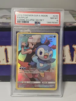 2019 POKEMON SUN & MOON COSMIC ECLIPSE SECRET #239 FULL ART/PIPLUP PSA 8 - Image 1